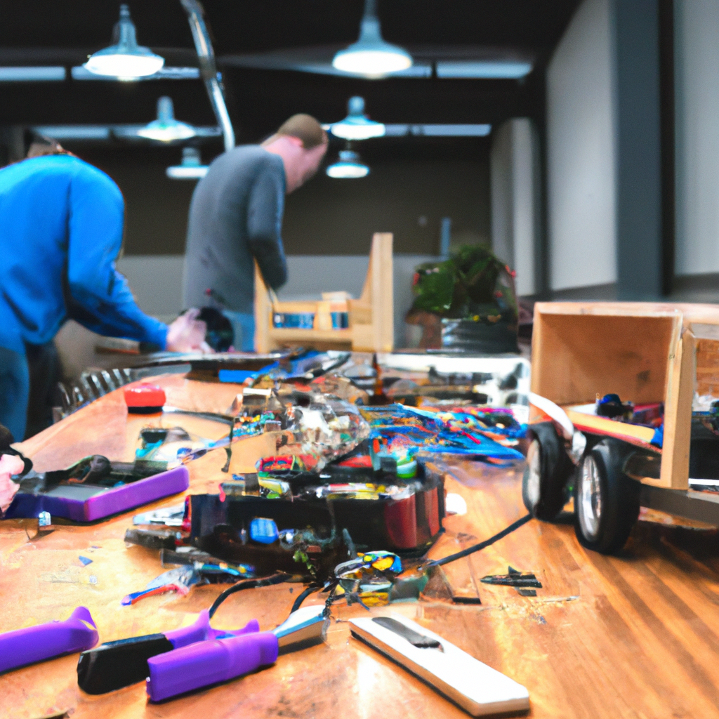 Makerspace insulaire — apprenant·e·s construisant des robots au fablab, outils et lumière naturelle